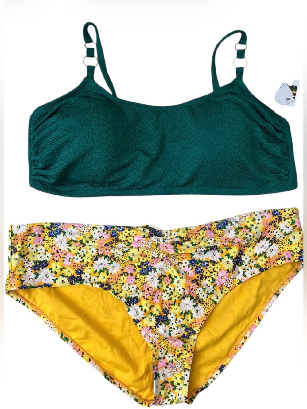 Time & Tru 3X Green Textured Bikini Top Yellow Floral Bikini Bottom Swim Beach